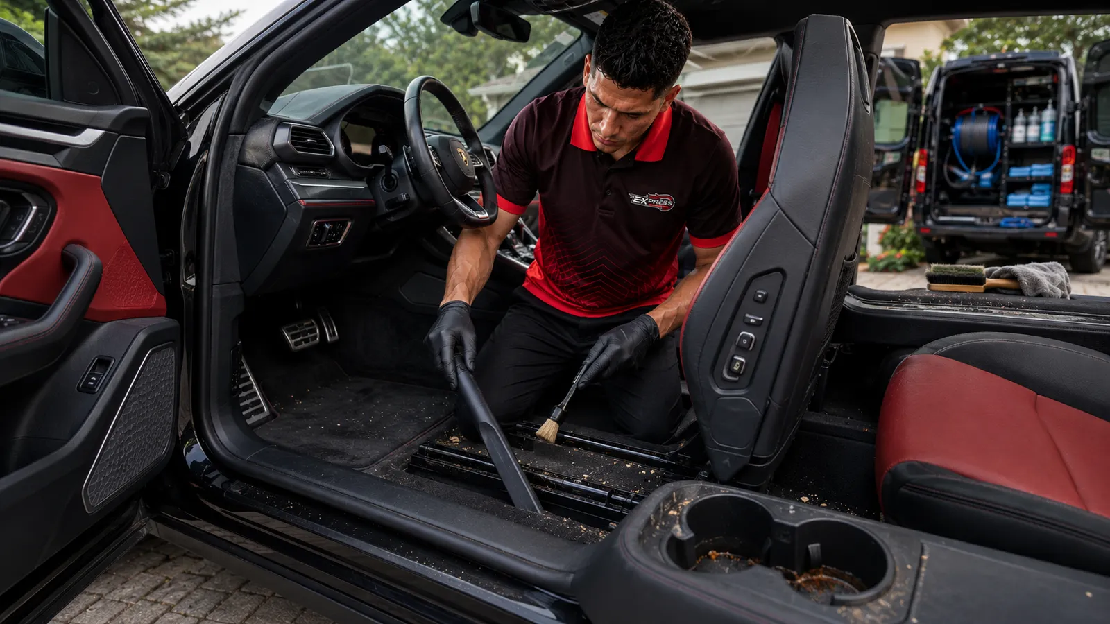 A technician detailing the centre console of a car