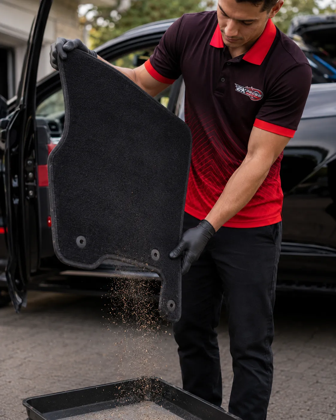 A technician lifting a floor mat out of a vehicle to clear the grit beneath it