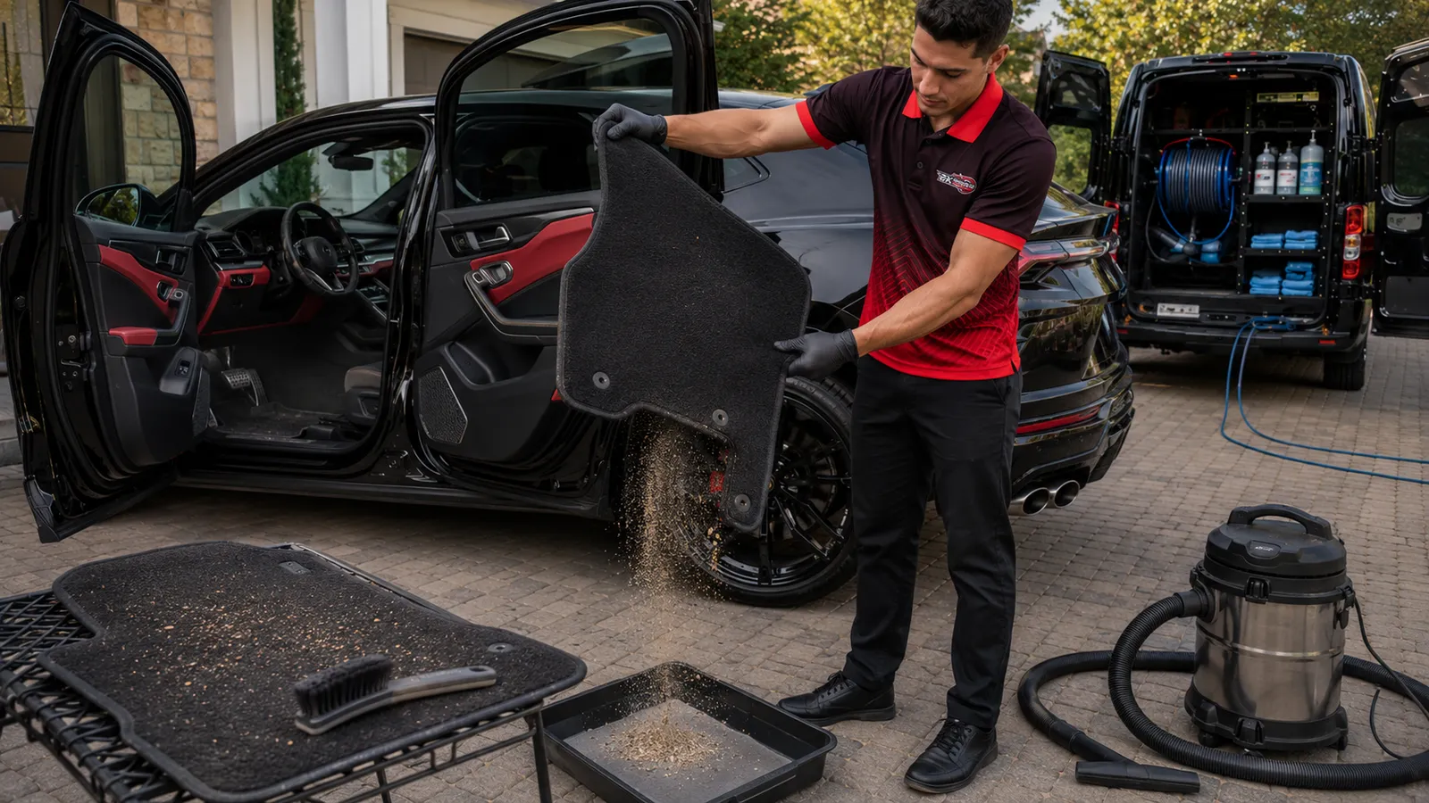 Floor mats removed and cleaned on a driveway during an interior detail