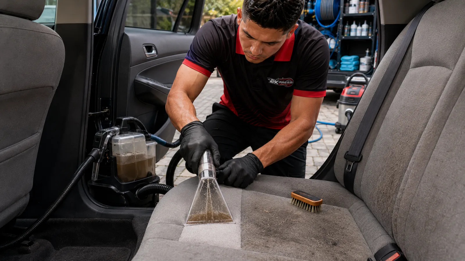 Hot-water extraction being carried out on a car seat