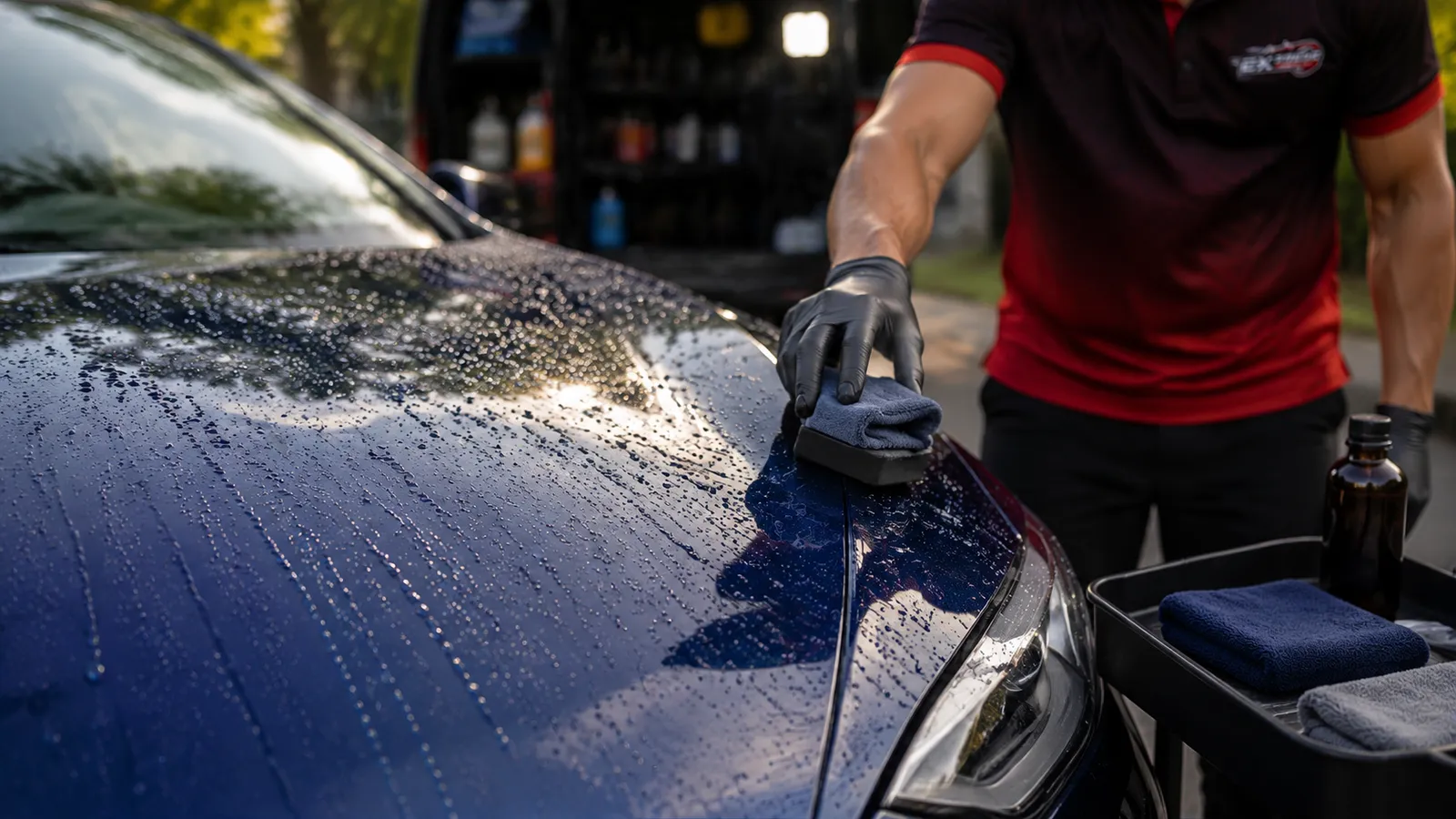 A technician machine-polishing the bonnet of a dark car