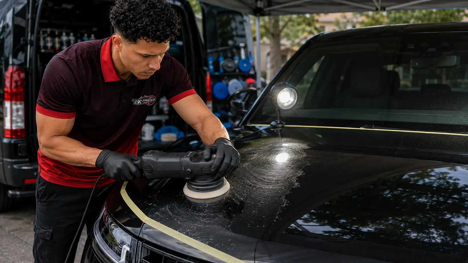 mobile paint protection film — A technician machine-polishing a bonnet under an inspection light