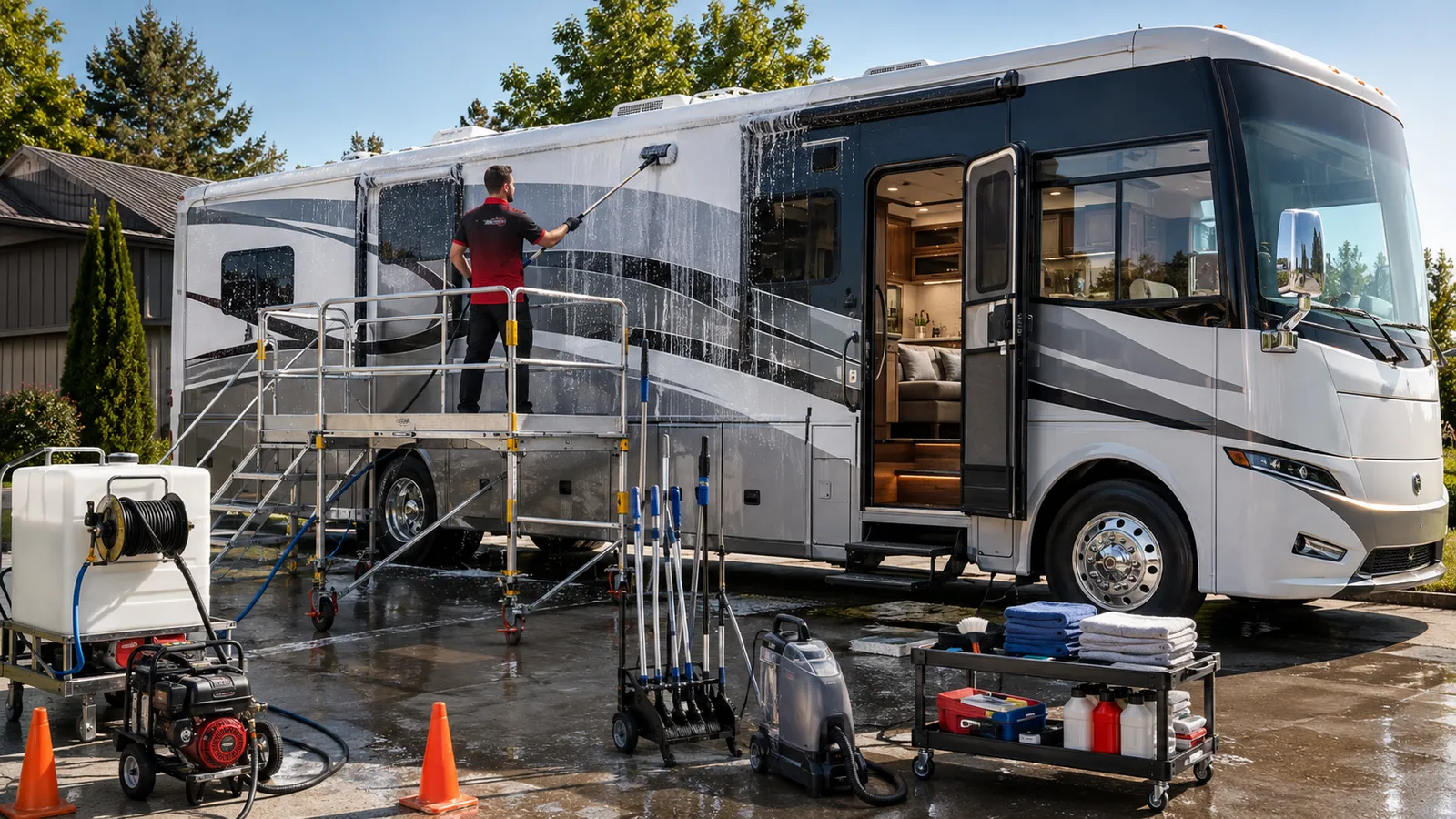 A motorhome being detailed outdoors beside mobile equipment