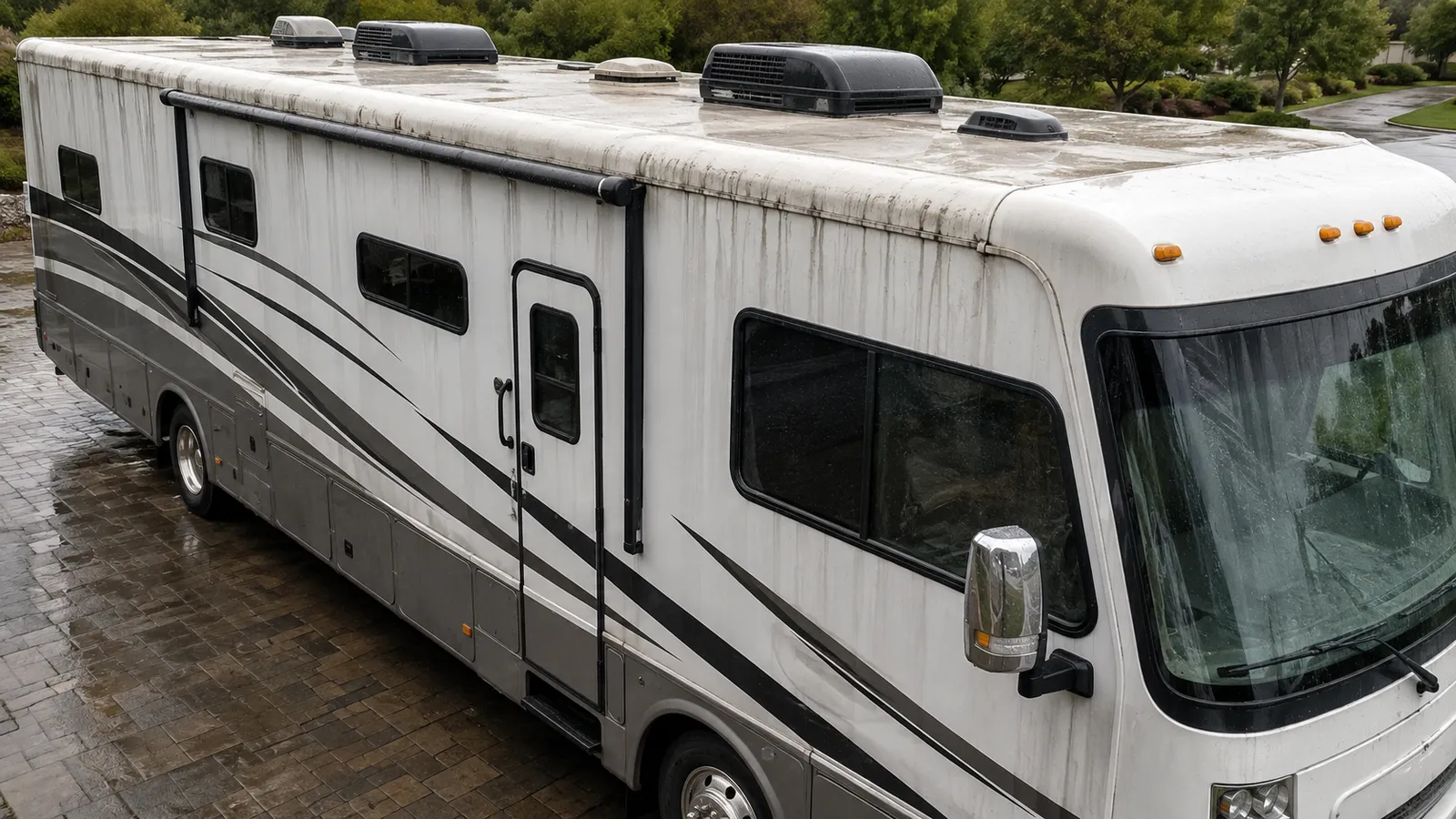 The front of a white motorhome after an exterior detail