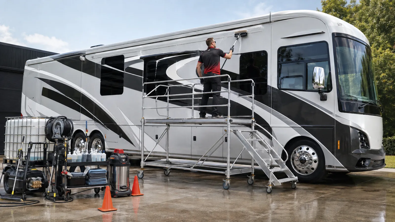 A technician on a platform washing the roof of a motorhome