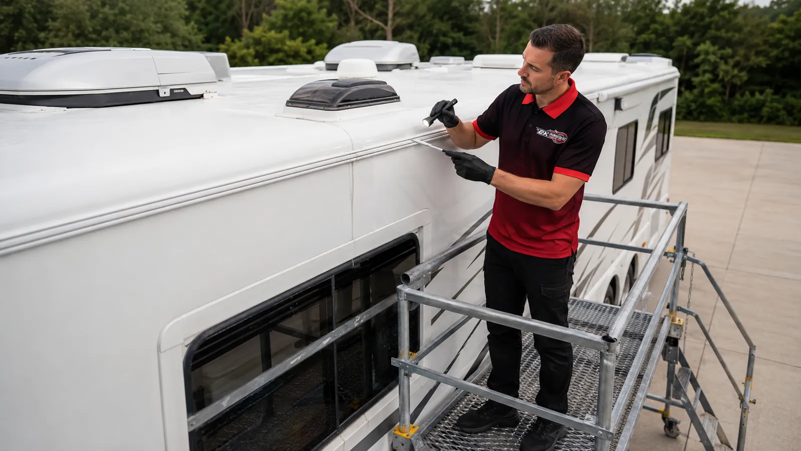 mobile rv detailing — A technician detailing the sidewall of a motorhome from a platform