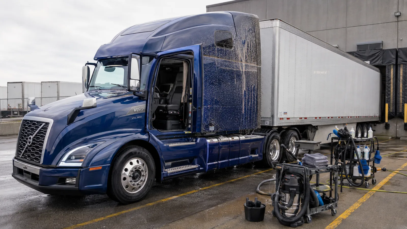 A blue tractor unit and trailer beside mobile detailing equipment