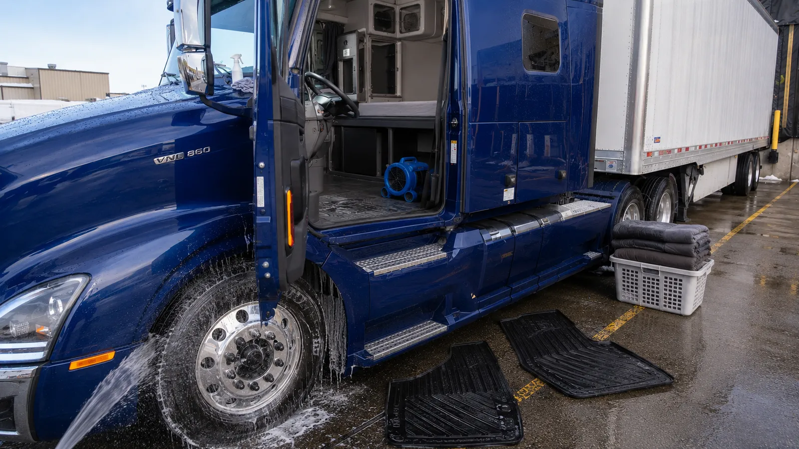 Floor mats removed from a blue tractor unit during a cab detail