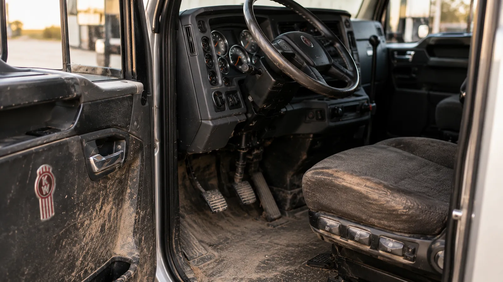 A working truck cab interior before a deep clean