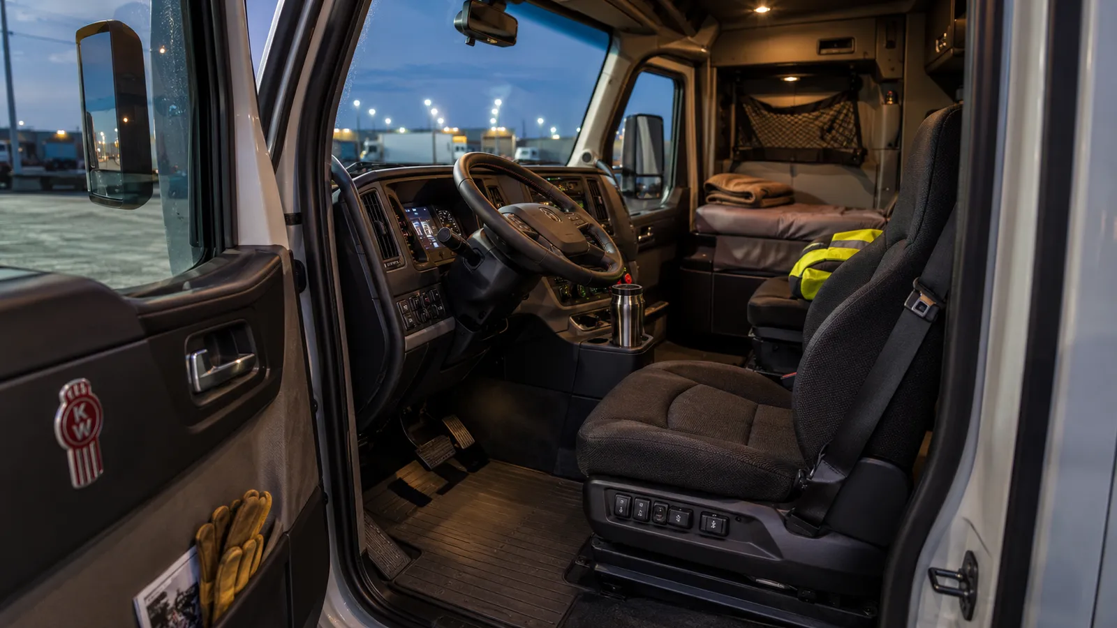A cleaned truck cab interior with leather seating