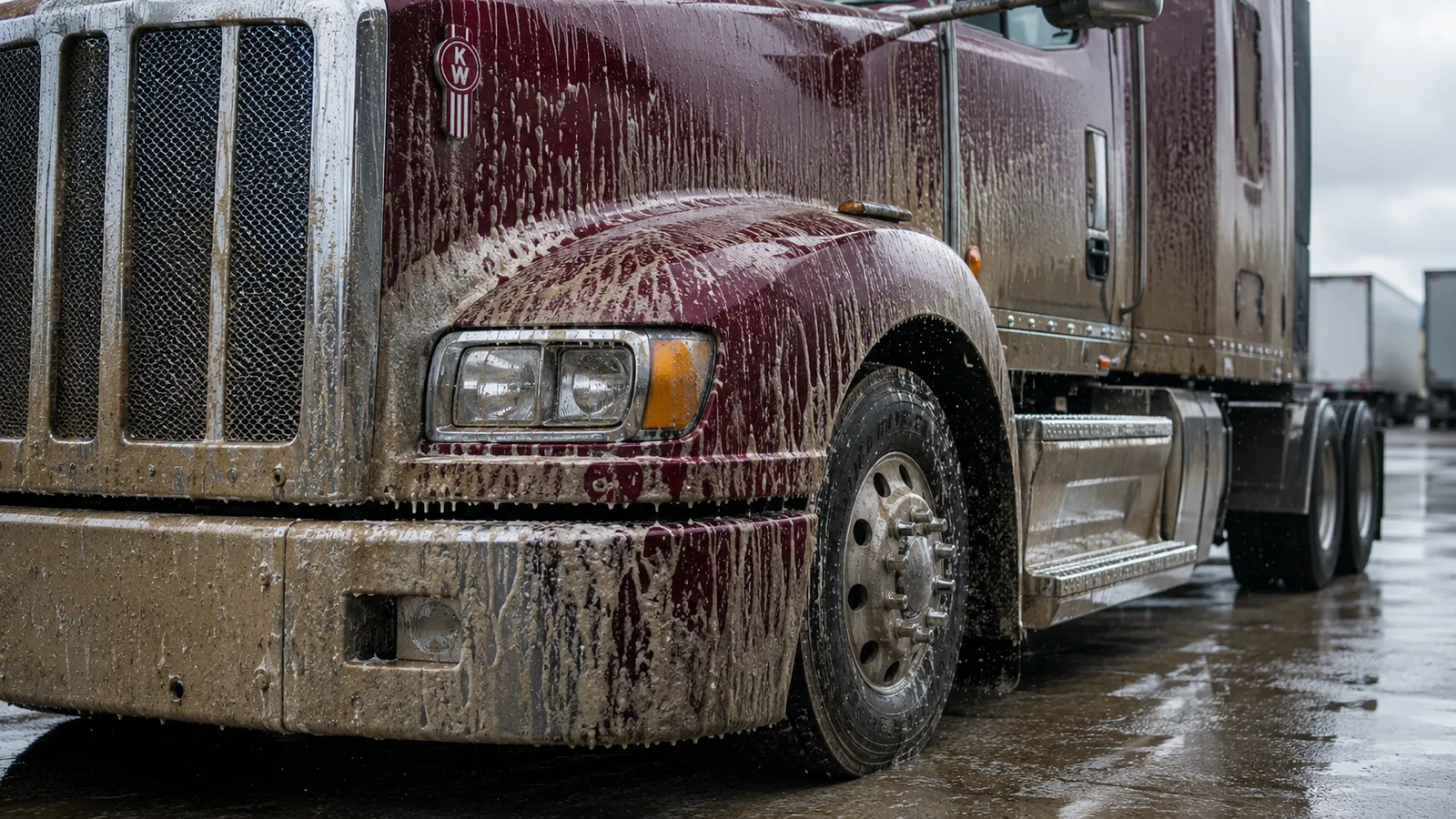 The lower panels and wheels of a tractor unit after cleaning