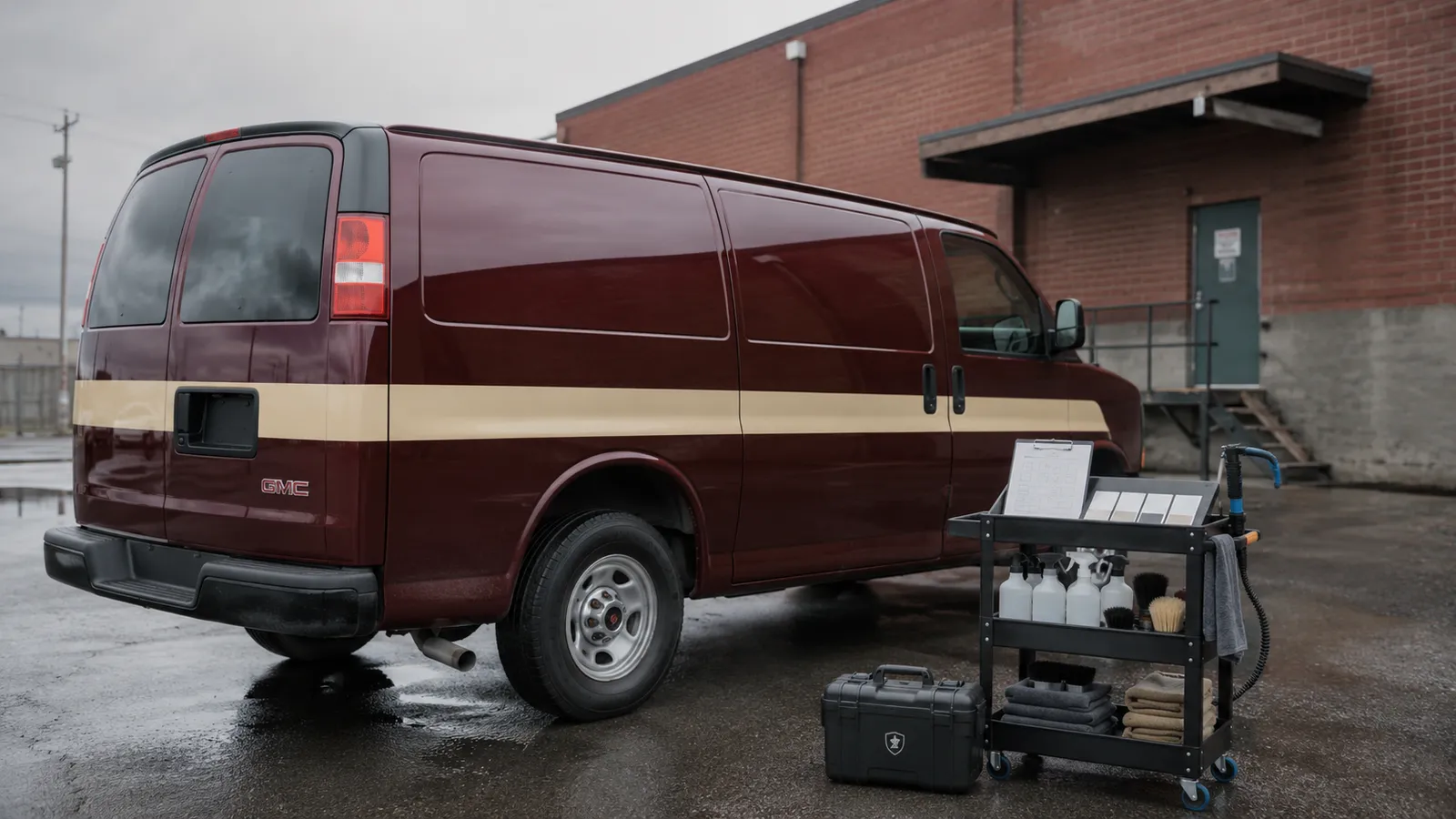 A dark red pickup truck cleaned outside a building