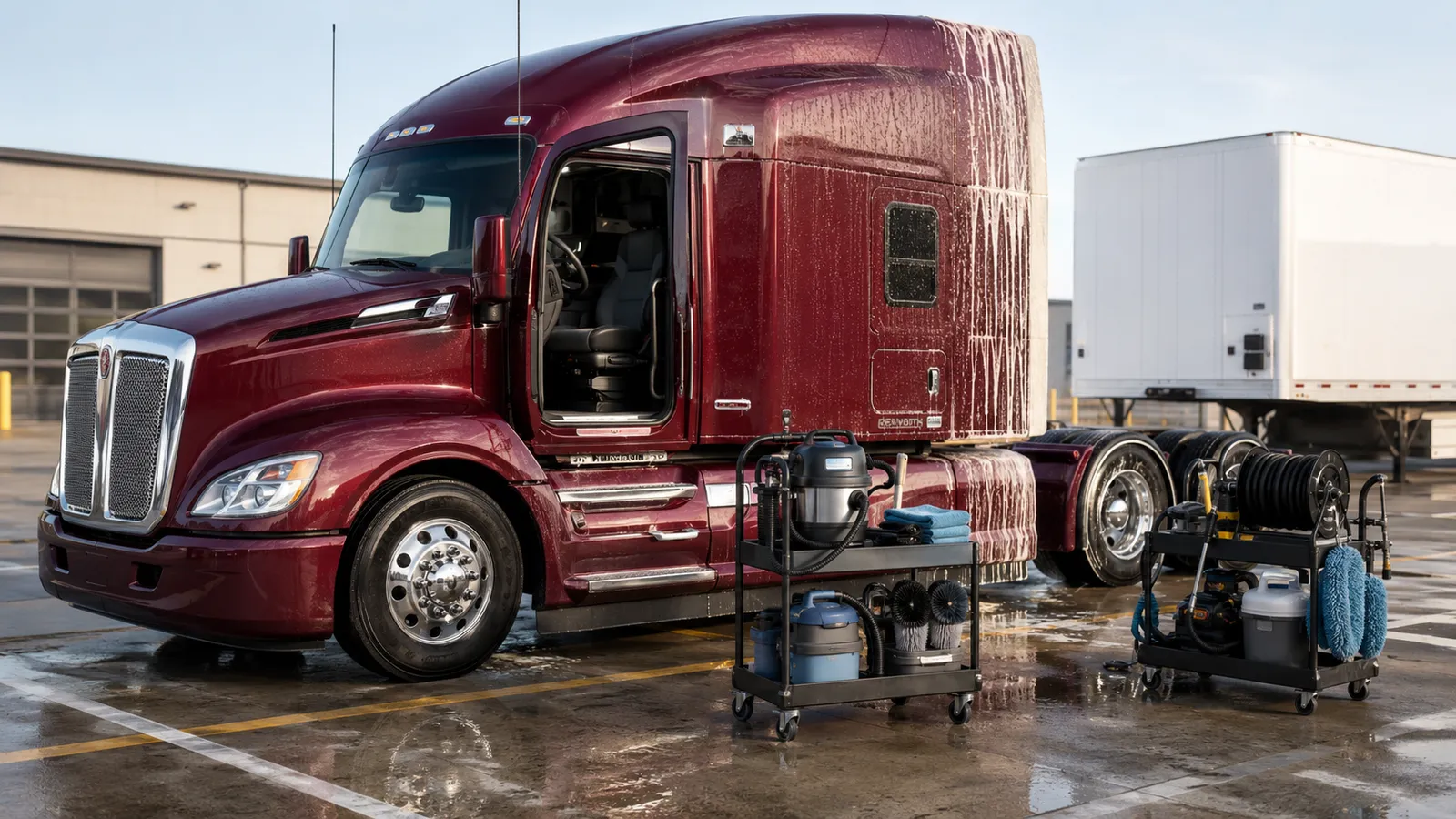 mobile truck detailing — A dark red tractor unit being detailed beside extraction equipment