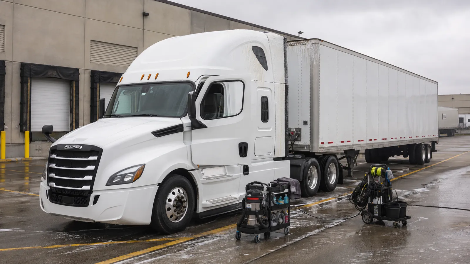 A white tractor unit and trailer being detailed at a yard