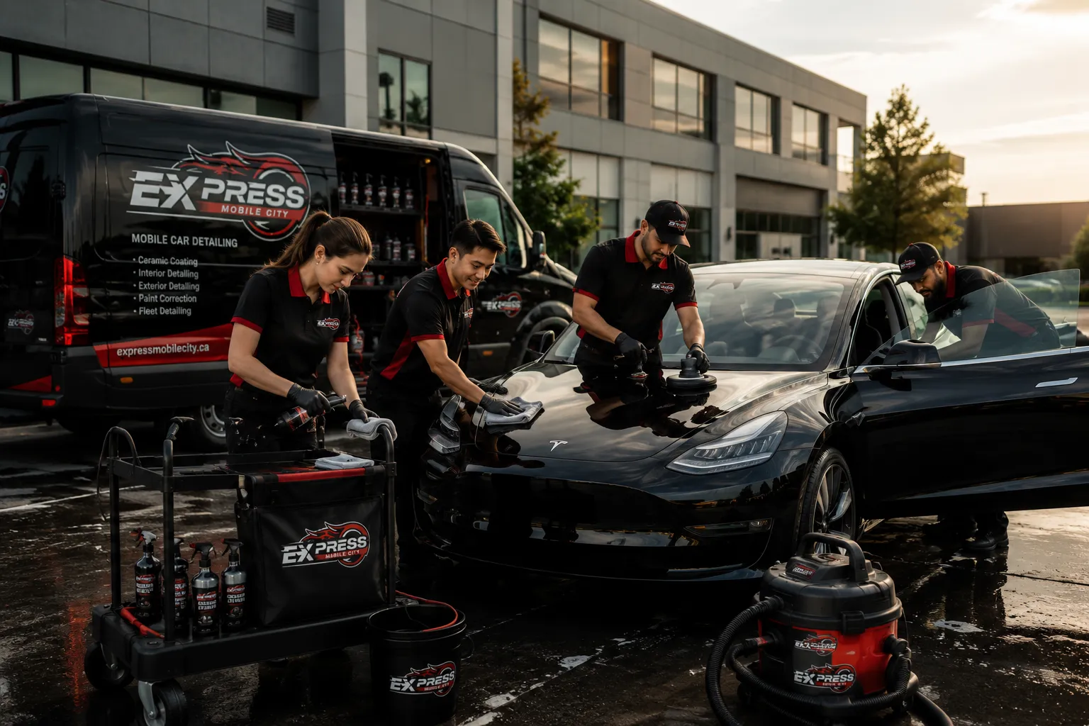 Professional mobile car detailing team working on a black luxury Tesla vehicle with branded uniforms and detailing equipment