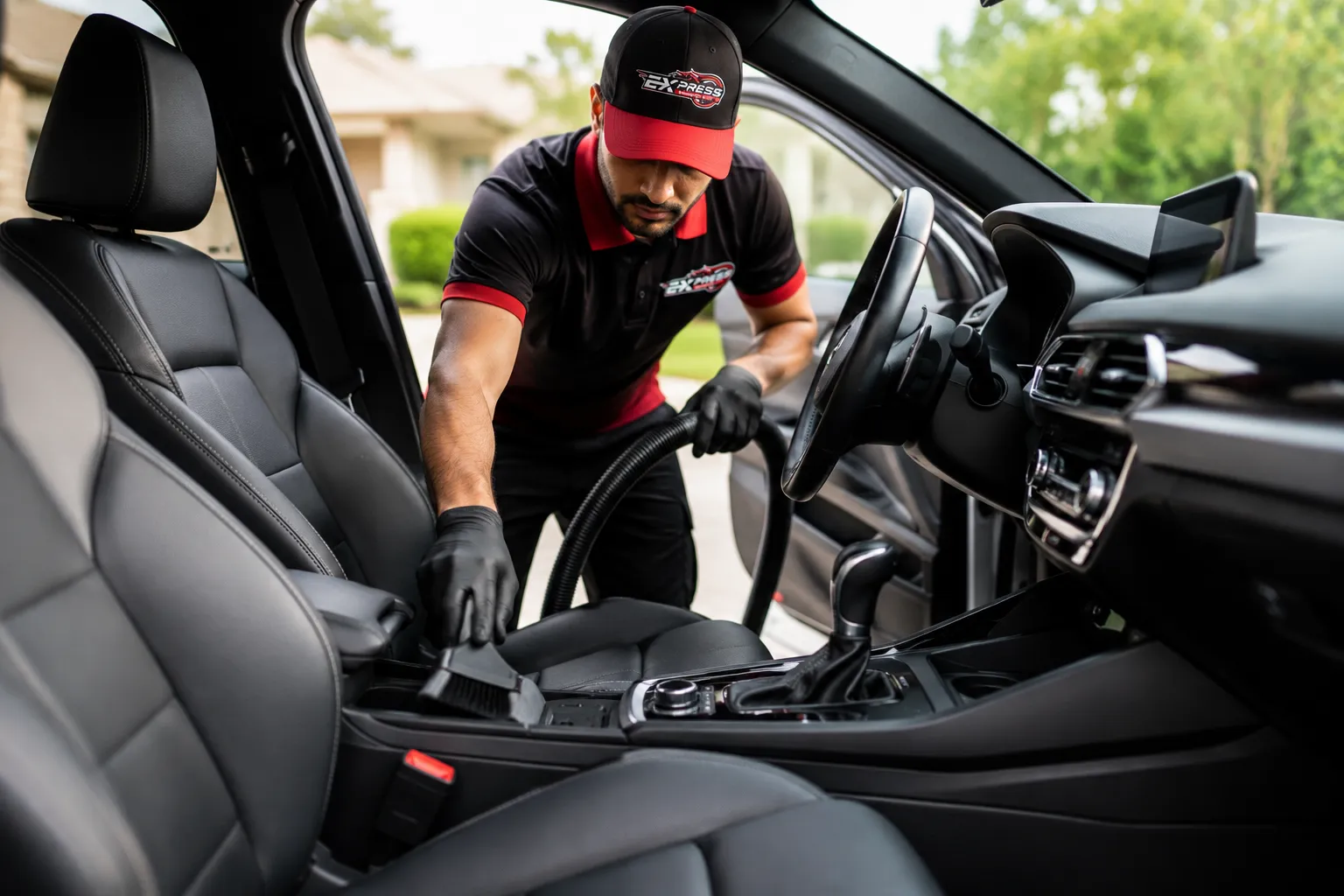 Professional mobile car interior detailing technician deep cleaning vehicle seats and interior surfaces at a customer location in Canada