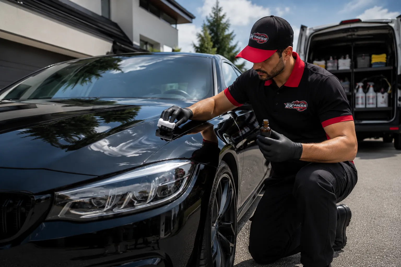 Professional mobile ceramic coating technician applying ceramic coating to a luxury black vehicle at a customer location in Canada