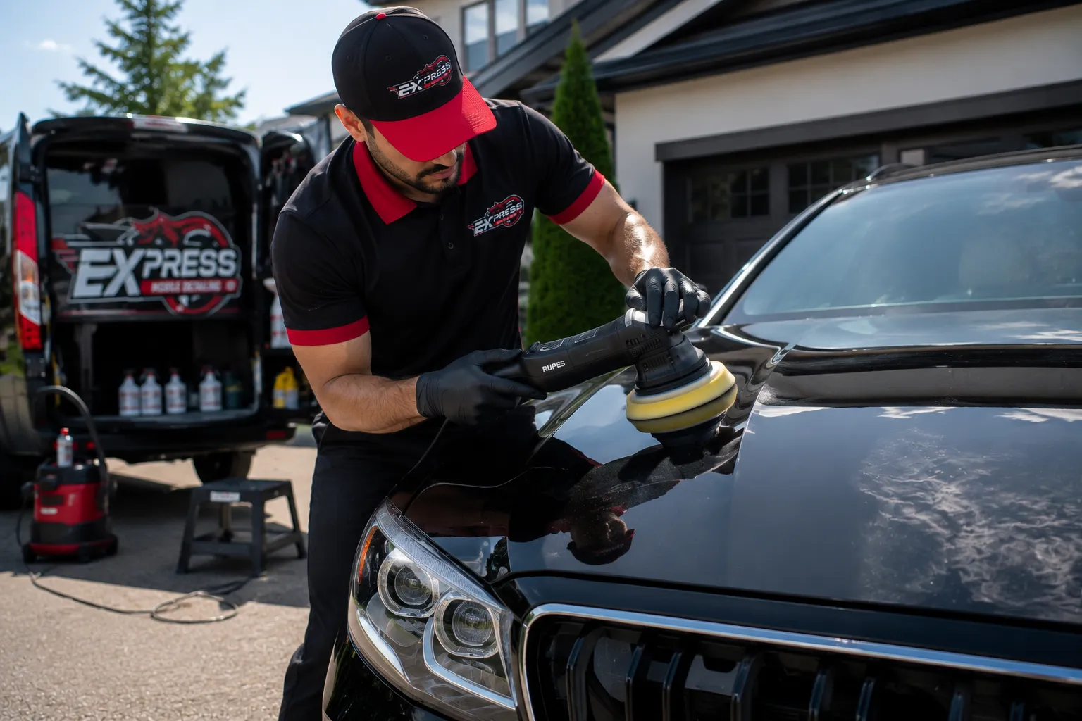 Professional mobile paint correction technician machine polishing a black vehicle to remove swirl marks and paint defects at a customer location in Canada