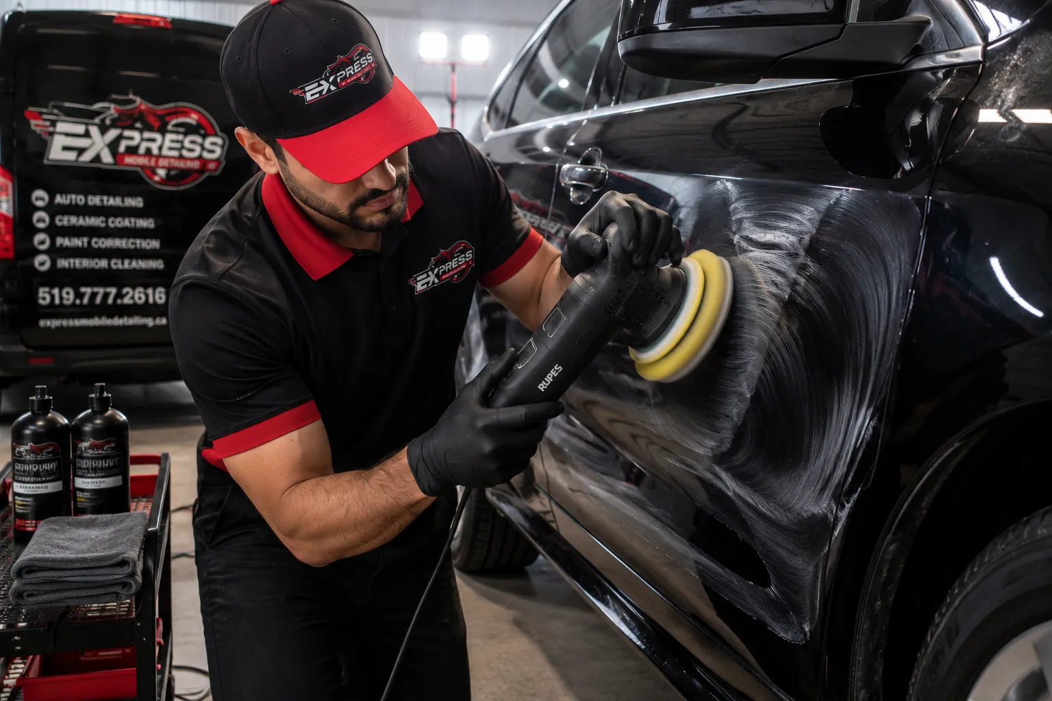 Professional paint correction technician removing swirl marks from black vehicle paint using machine polishing equipment
