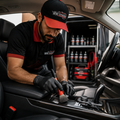 Professional Express Mobile Detailing technician cleaning a vehicle interior using premium detailing tools and products for a spotless showroom-quality finish.