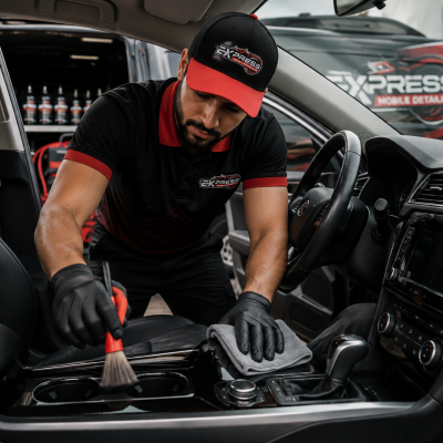Express Mobile Detailing technician performing professional interior car cleaning and dashboard detailing using premium tools and products at the customer’s location.